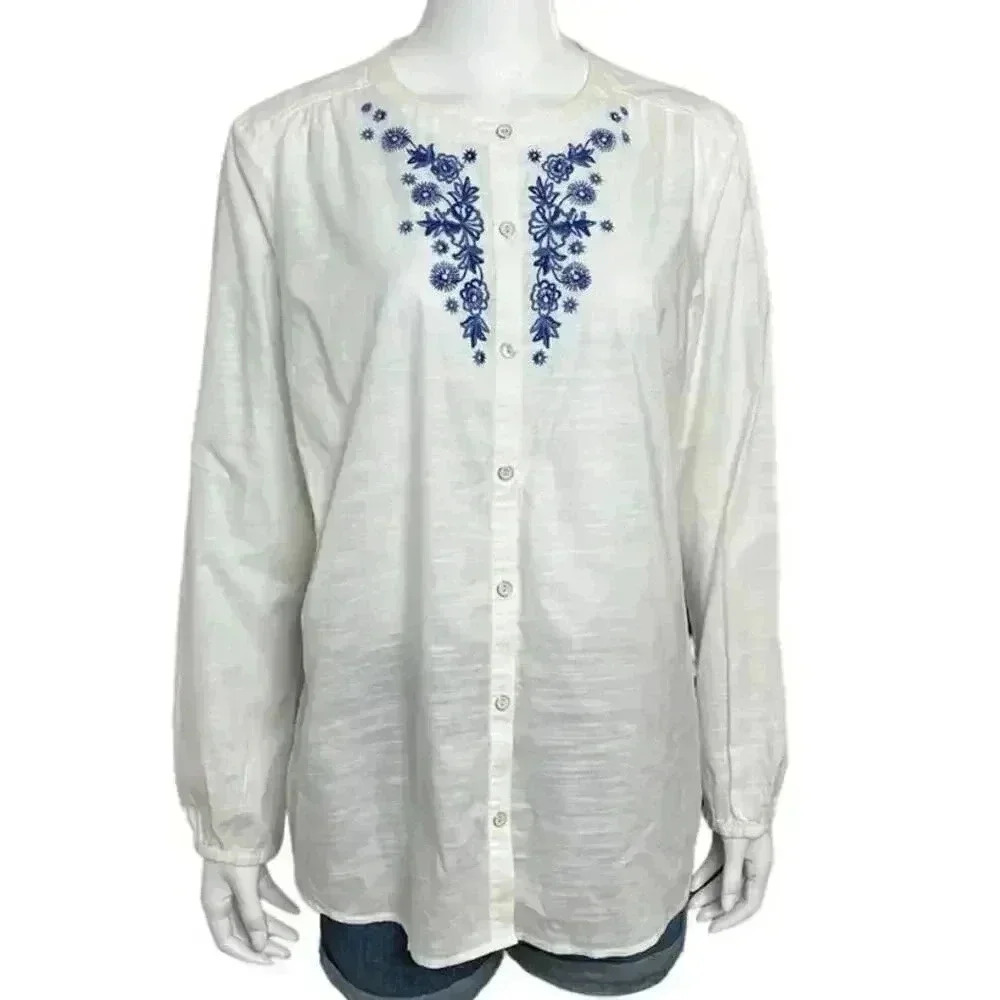 Eddie Bauer White Blue Embroidered Button Up Shirt Size XL